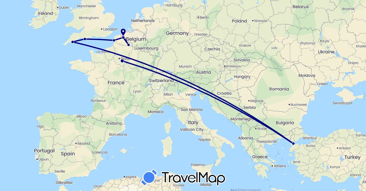 TravelMap itinerary: driving in Belgium, France, United Kingdom, Turkey (Asia, Europe)